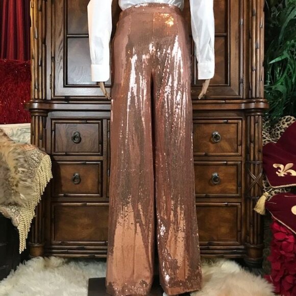 Culpos x INC Nude Pink Stretch Sequin High Waist Wide Leg Pant - Picture 3 of 9